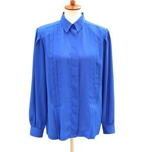 Blue Pleated Front Blouse with Shoulder pads Secretary Blouse Size 12